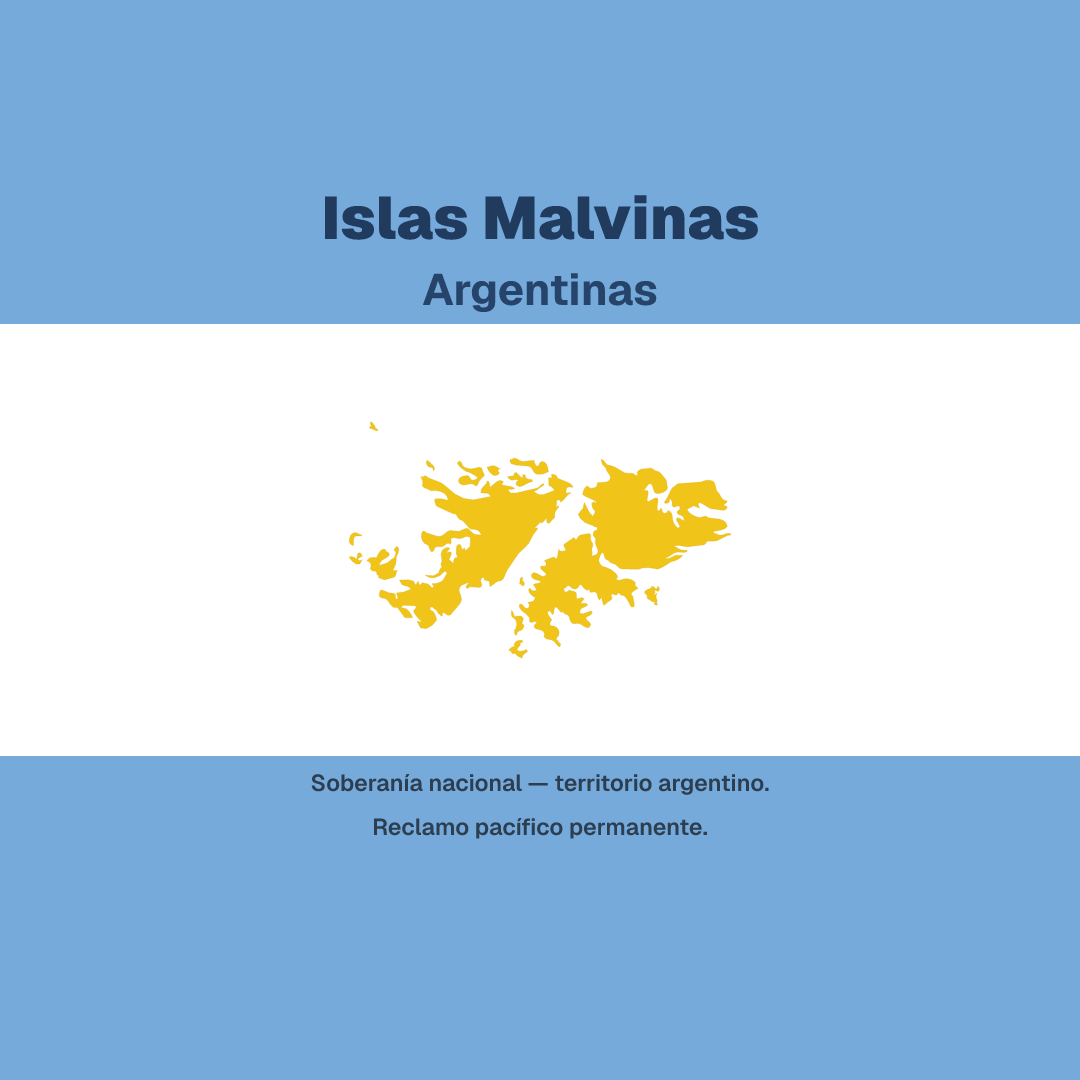Banner Cuadrado: mapa de las Islas Malvinas y texto sobre soberanía argentina.