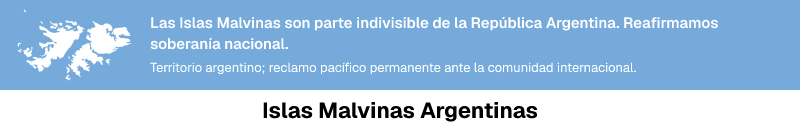 Banner Franja: mapa de las Islas Malvinas y texto sobre soberanía argentina.